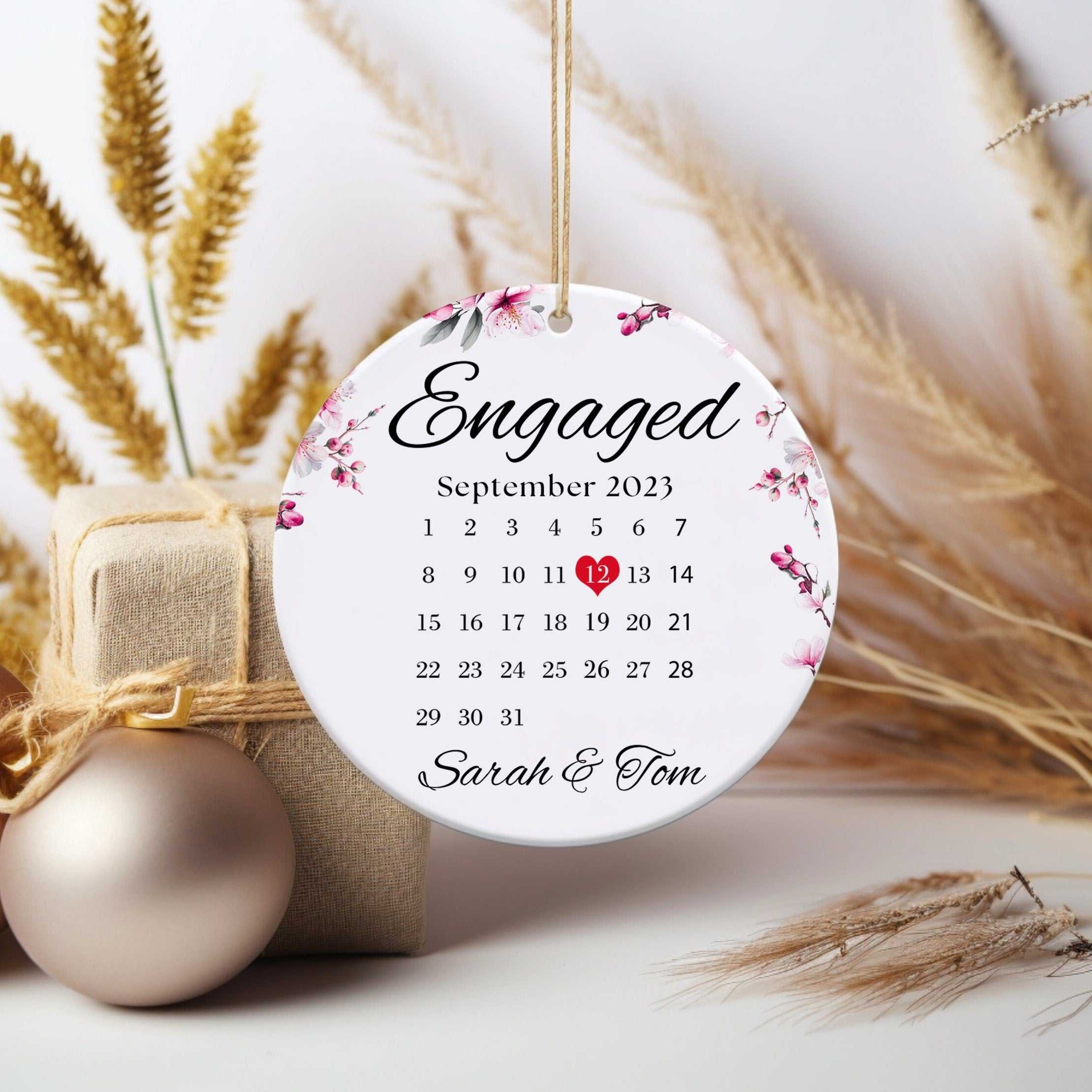 Personalized Engagement Day Our First 1st Christmas Ornament with Names | Announcement Gift for Engaged Daughter | Ceramic Couple Ornament