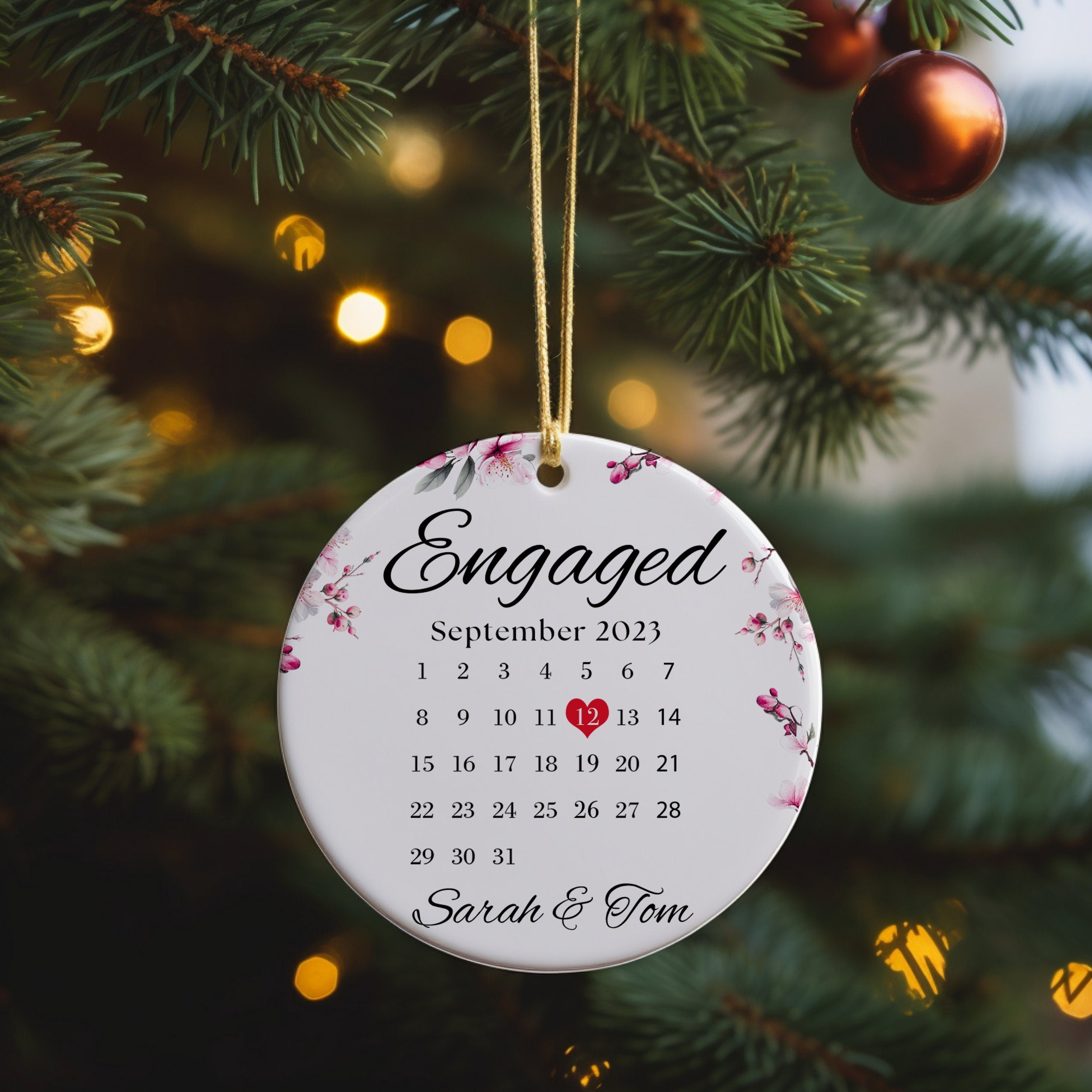 Personalized Engagement Day Our First 1st Christmas Ornament with Names | Announcement Gift for Engaged Daughter | Ceramic Couple Ornament