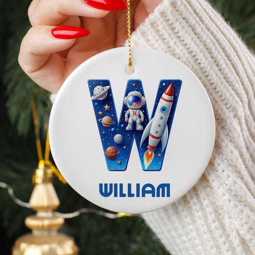 Astronaut Christmas Ornament for Kids – Space Theme, Planets, Rocket, Custom Name & Initial Gift for Children, Personalized Christmas Gift