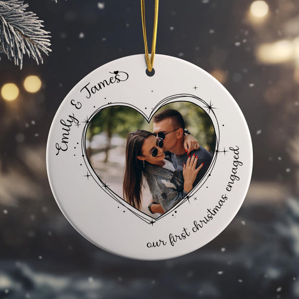 First Christmas Engaged Photo Ornament, Personalized Engagement Keepsake Bauble, Romantic Gifts for Couple, 1st Christmas Ornament Gift