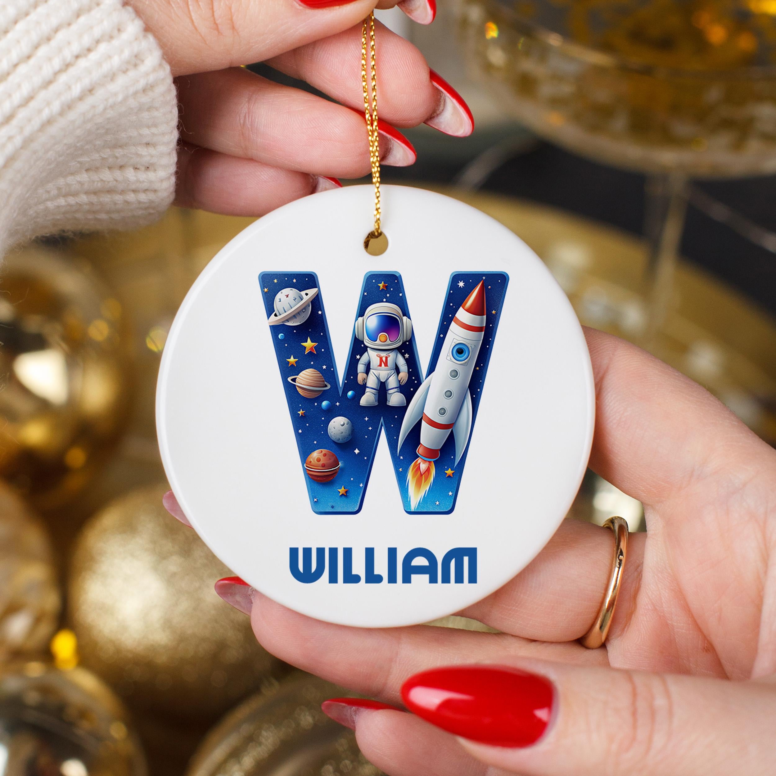 Astronaut Christmas Ornament for Kids – Space Theme, Planets, Rocket, Custom Name & Initial Gift for Children, Personalized Christmas Gift