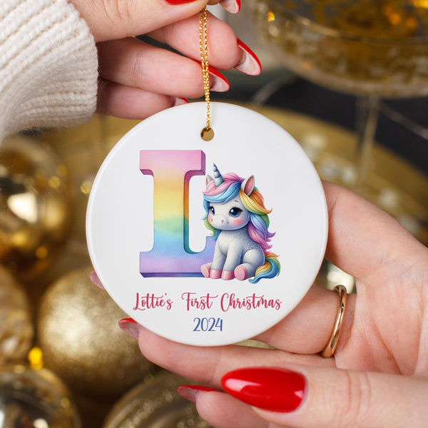 Rainbow Unicorn Initial Baby First Christmas Ornament 2024, Personalized Baby Rainbow Custom Pink Ornament, Newborn Gift for Holiday Tree