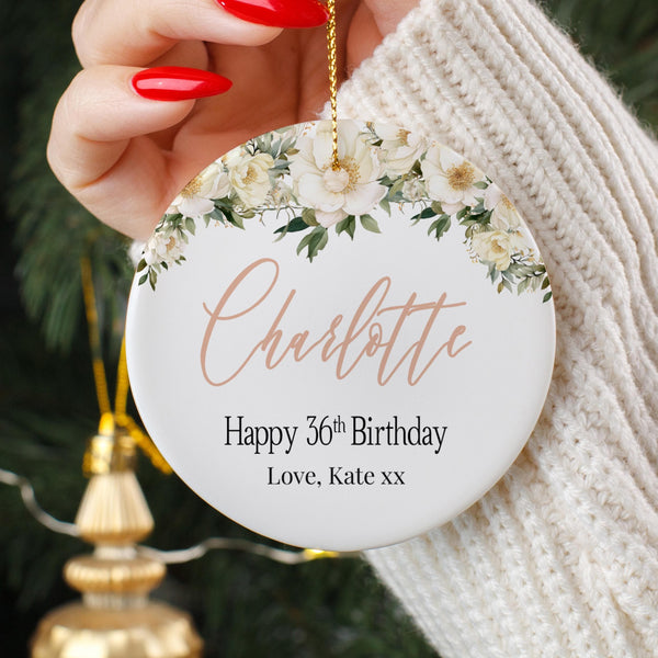 Floral Ceramic Ornament – Custom Name & Birthday Message, Elegant Gift for Her, Custom Holiday Birthday Personalized Keepsake