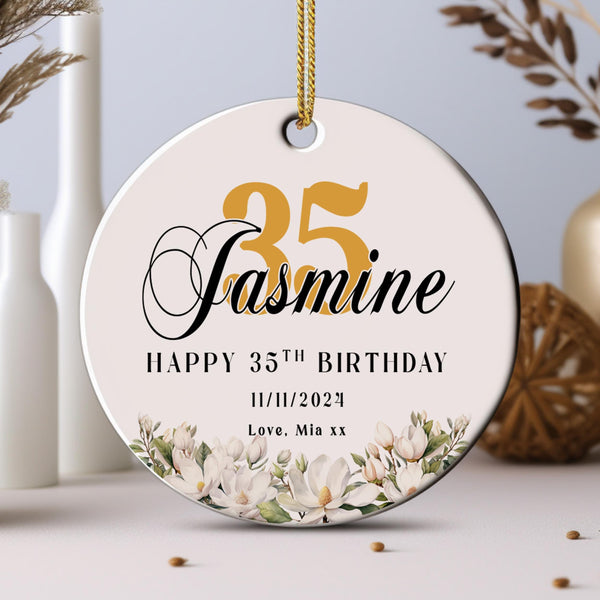 Personalised Floral Ceramic Ornament – Custom Age , Name & Birthday Message, White Flowers, Custom Gift for Her, Elegant Birthday Keepsake