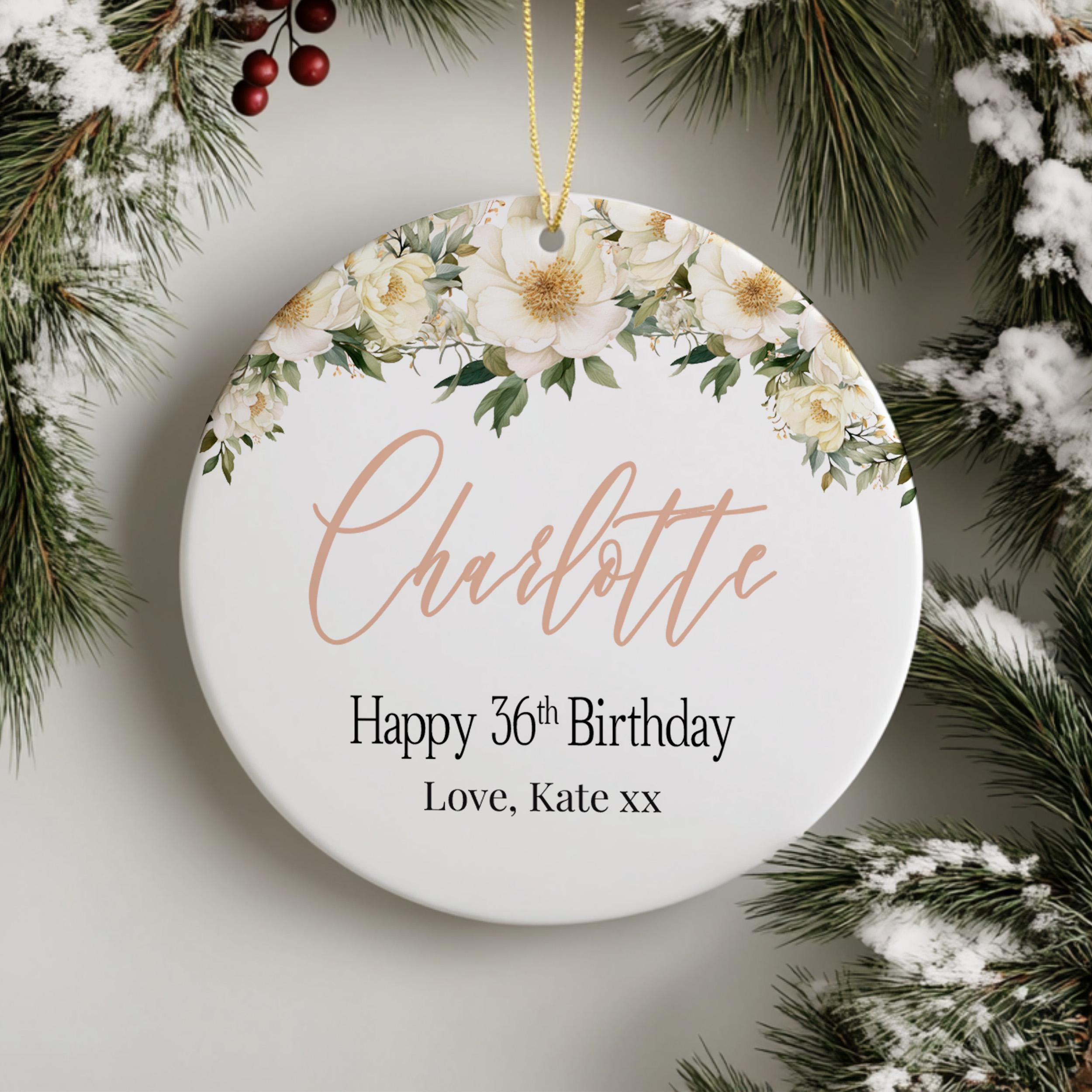 Floral Ceramic Ornament – Custom Name & Birthday Message, Elegant Gift for Her, Custom Holiday Birthday Personalized Keepsake