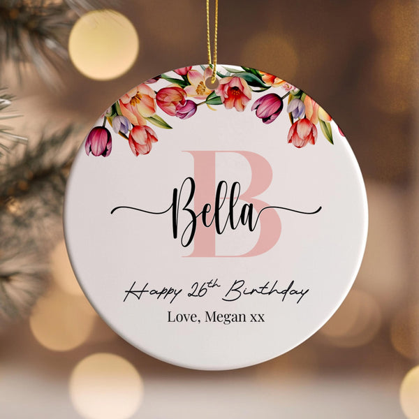 Personalized Christmas Ornament – Custom Initial, Name, Happy Birthday Message, Custom Gift for Her, Holiday Tulip Decor, Birthday Gift