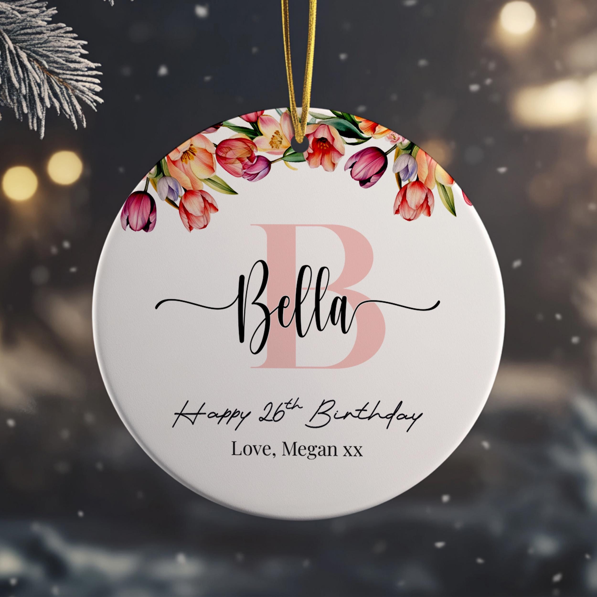 Personalized Christmas Ornament – Custom Initial, Name, Happy Birthday Message, Custom Gift for Her, Holiday Tulip Decor, Birthday Gift