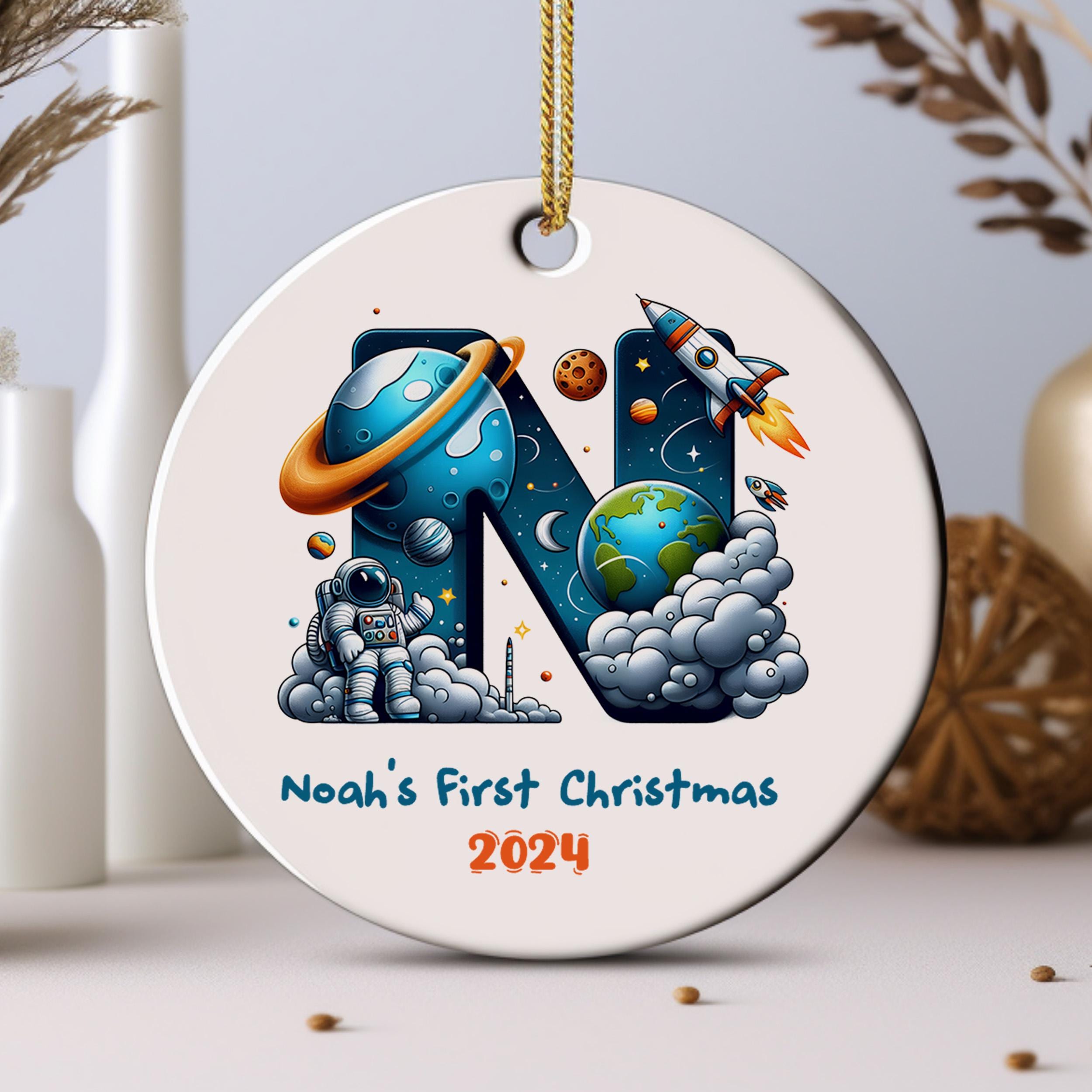 Personalised Baby's First Christmas Space Theme Decoration, Astronaut Planet Rocket Design, Baby's 1st Christmas Space Ornament Decoration
