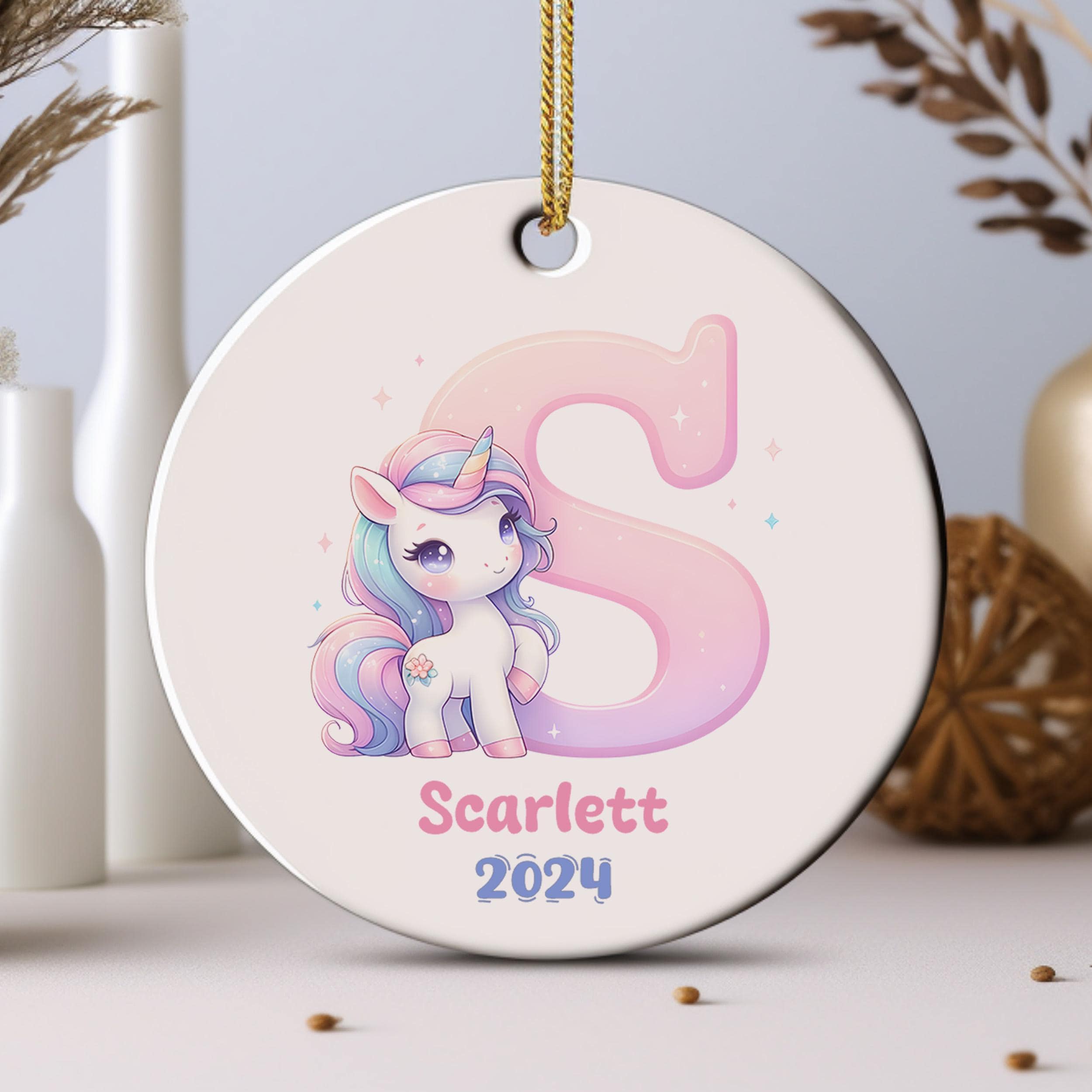 Personalised Unicorn Baby Initials Ornament, 1st Christmas Bauble for Baby, First Xmas Tree Decor, Keepsake Stocking Filler, New Baby Gift
