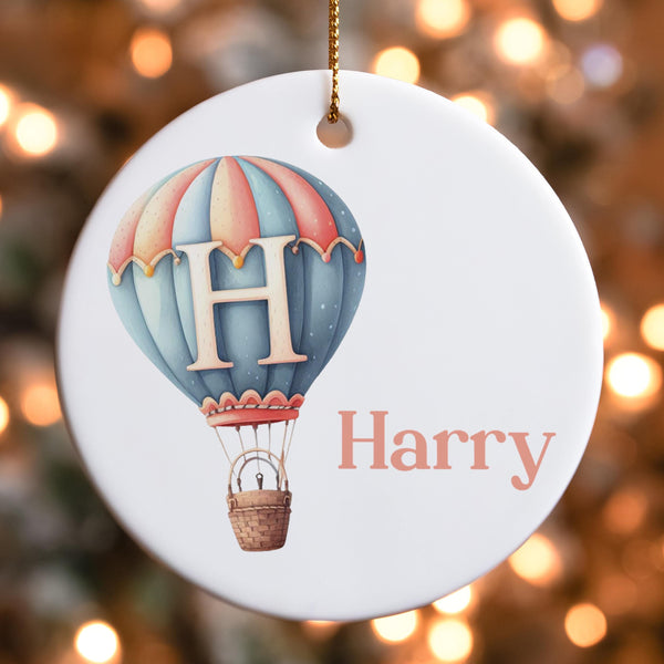 Personalized Ornament with Name and Hot Air Balloon, baby's first Christmas Ornament, Monogram Initial Keepsake, Holiday Gift for Families