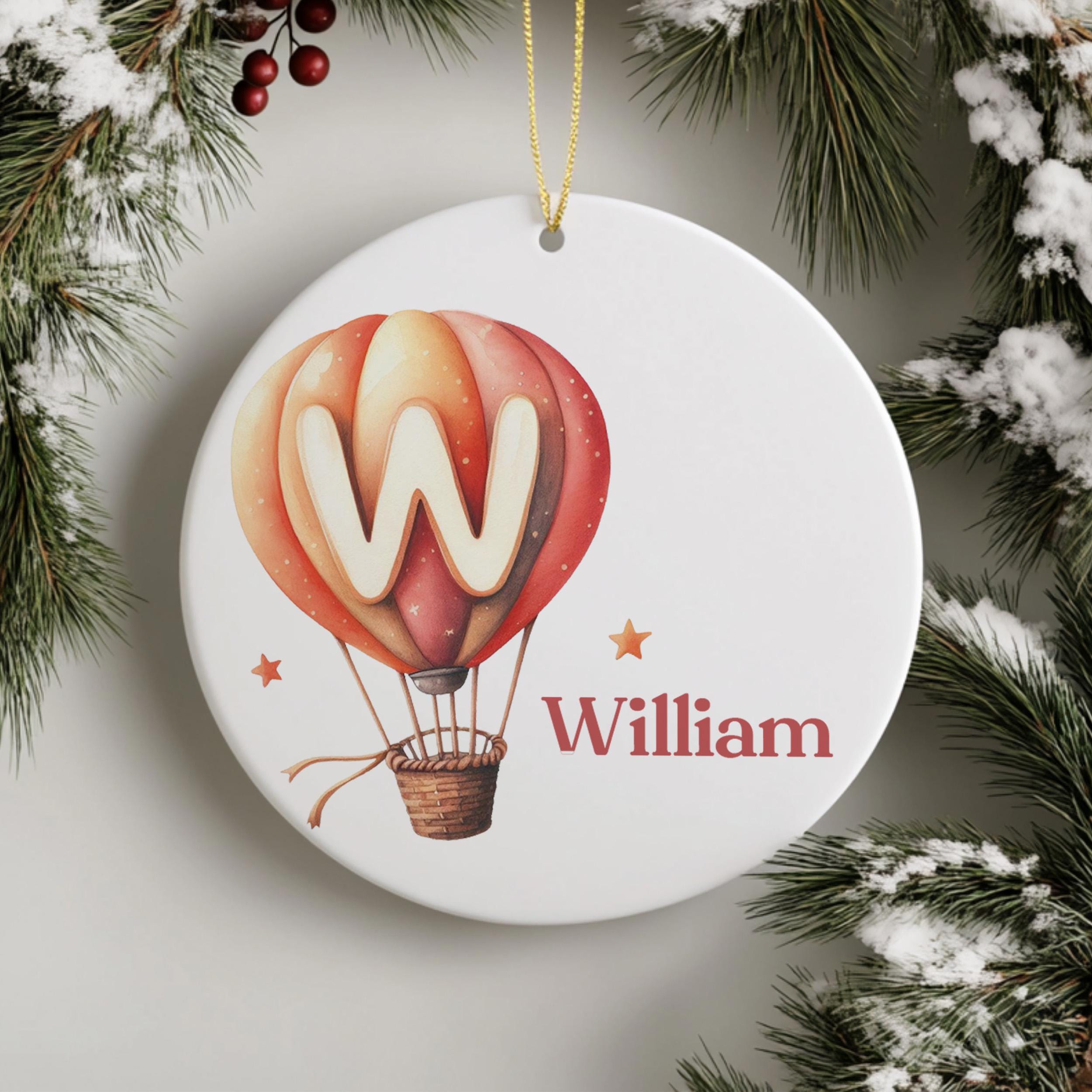 Personalized Ornament with Name and Hot Air Balloon, baby's first Christmas Ornament, Monogram Initial Keepsake, Holiday Gift for Families