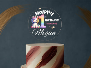 Personalised unicorn 1st birthday cake topper with name and rainbow number