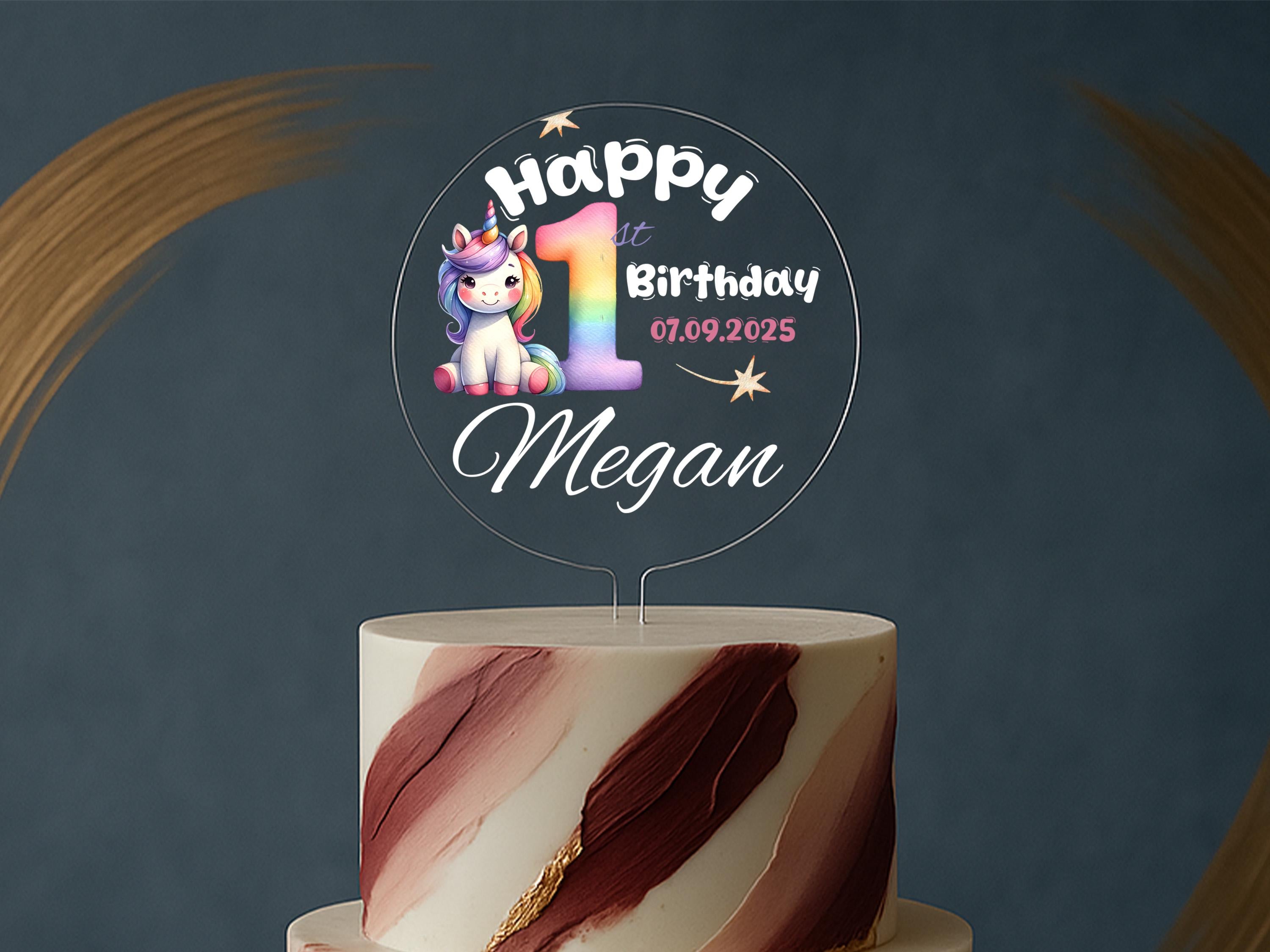 Personalised unicorn 1st birthday cake topper with name and rainbow number