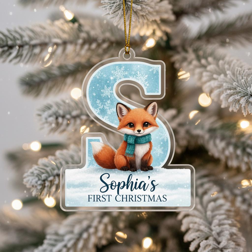 A clear ornament shaped like the letter 'S' with a fox sitting on top, hanging on a Christmas tree.