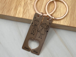 a couple of key chains with a couple drawn on them