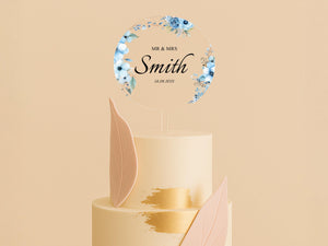 Elegant Blue Floral Cake Sign for Couple’s Wedding or Anniversary