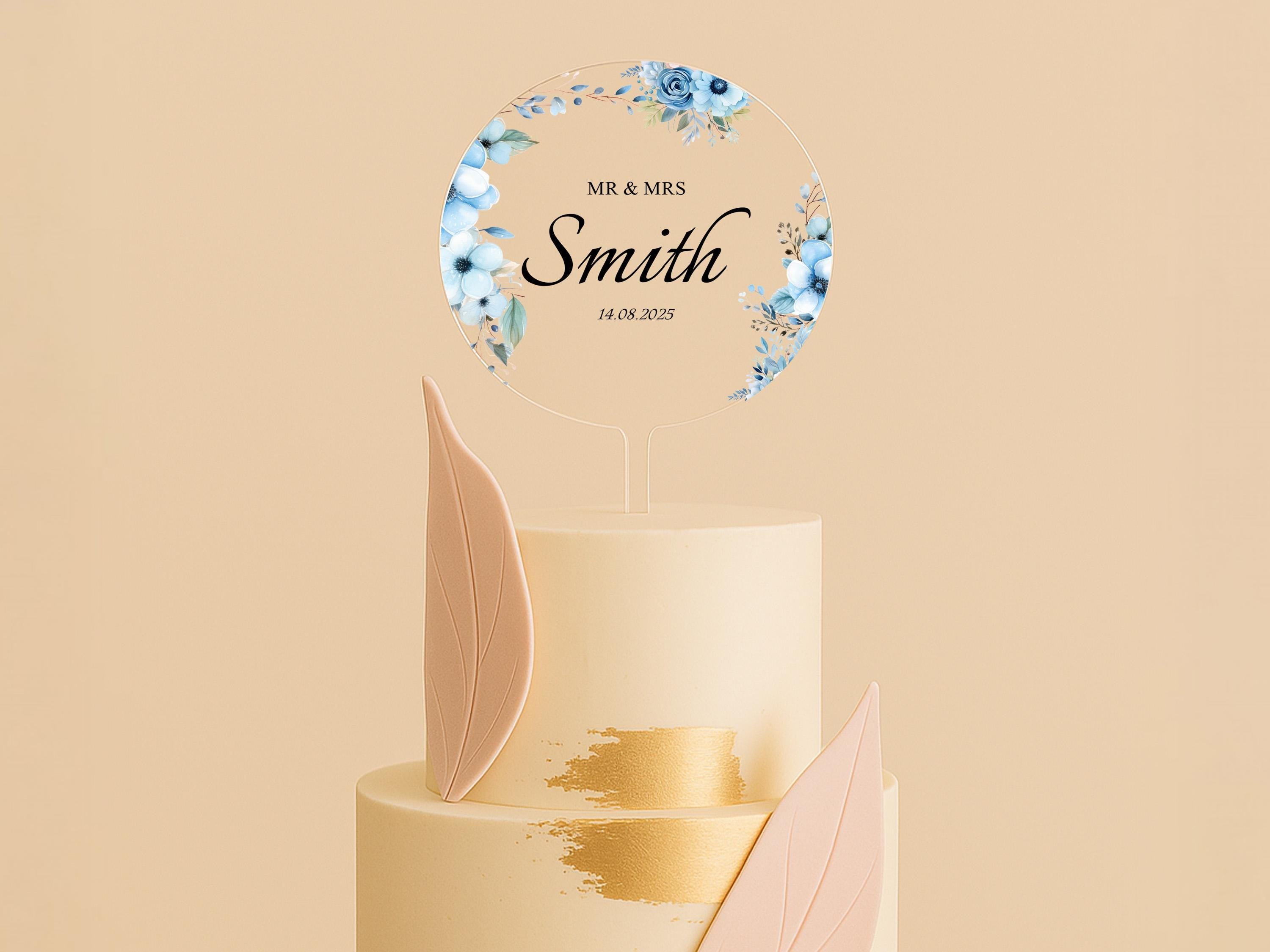 Elegant Blue Floral Cake Sign for Couple’s Wedding or Anniversary