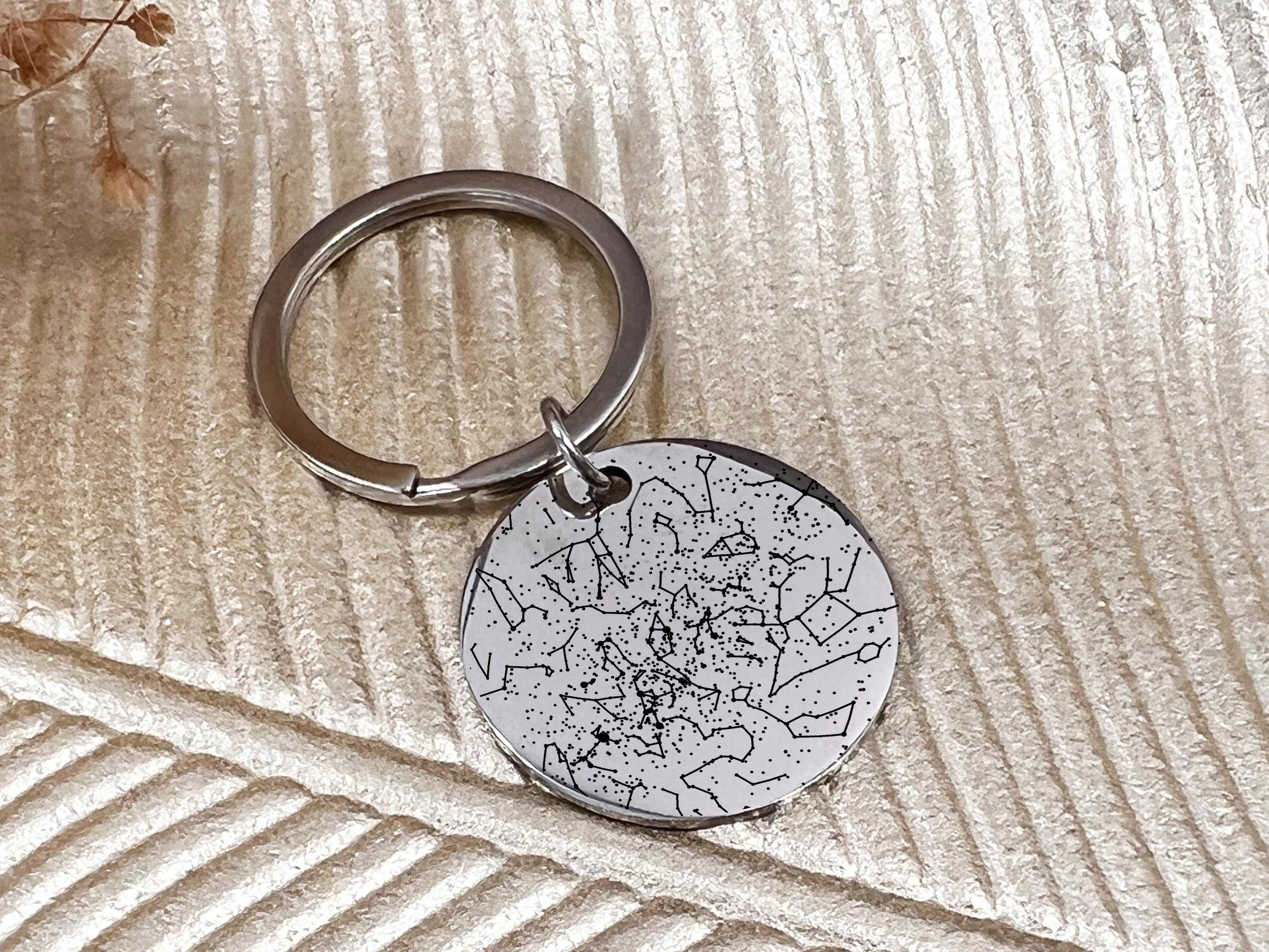 Double-sided star map keychain with celestial coordinates and personalized text for couples