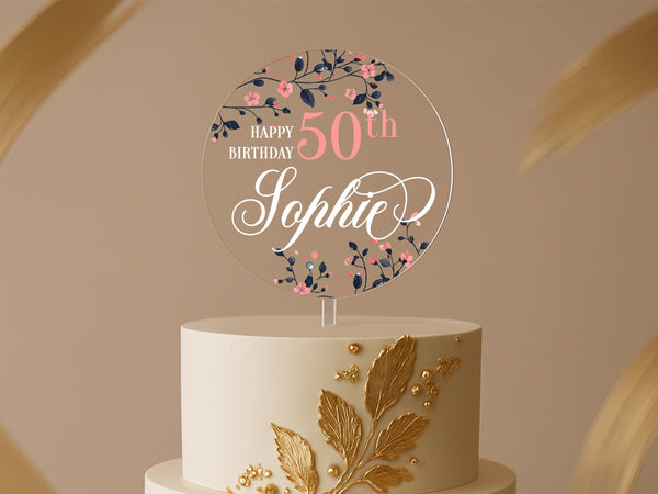 Round floral 50th birthday cake topper with navy and pink flowers