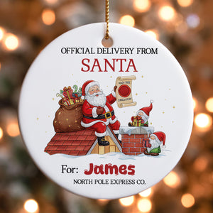 Santa Claus delivering presents to two dwarfs on a rooftop, with a sign that reads "I have a secret to share with you".