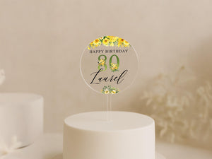 Round Cake Decoration with Yellow Flowers – Custom Birthday Sign