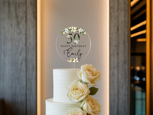 Custom Birthday Cake Topper with Name and White Flowers – 60th 18th