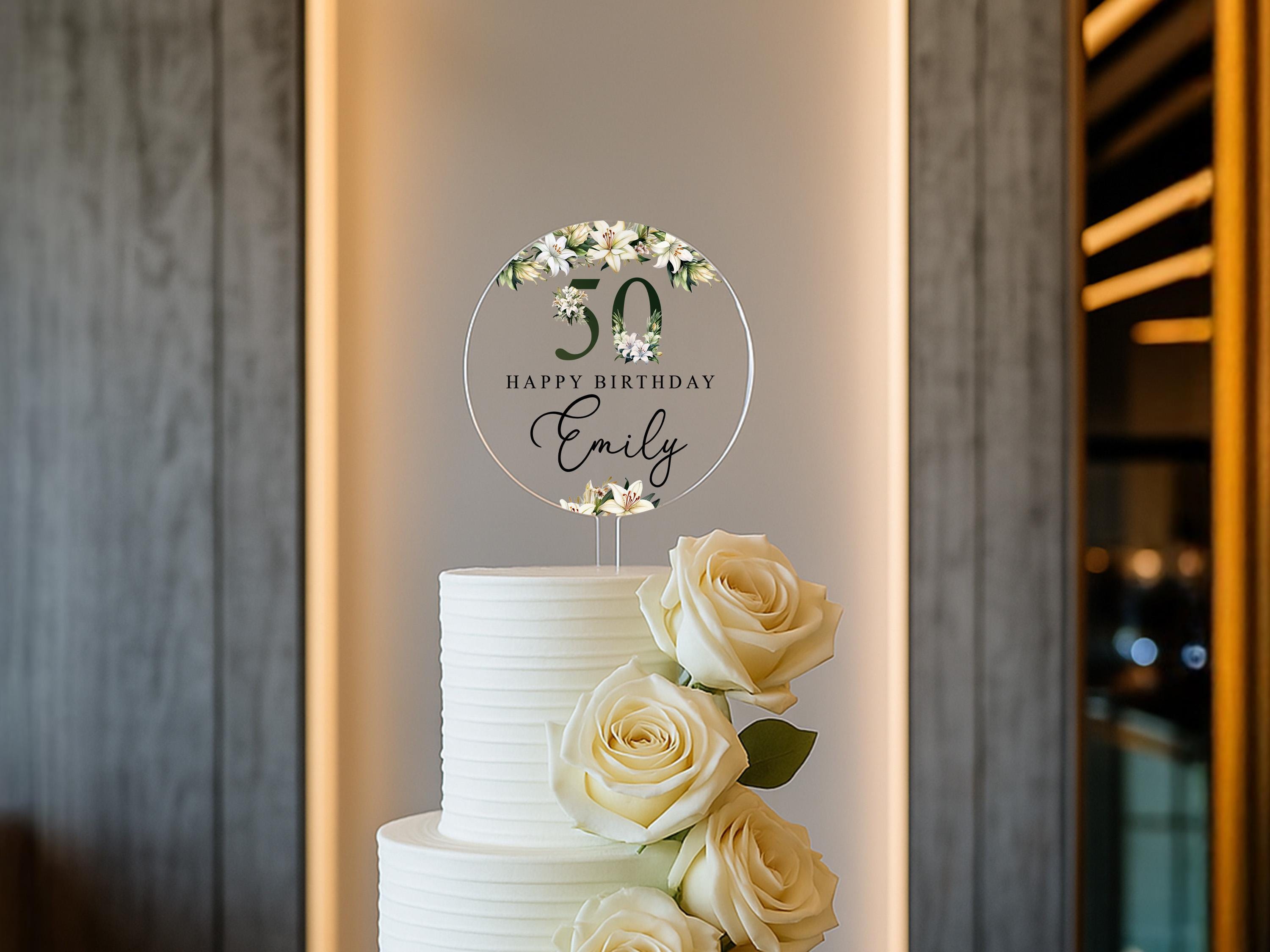 Custom Birthday Cake Topper with Name and White Flowers – 60th 18th