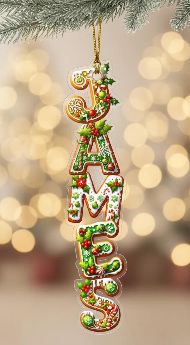 A clear ornament made of colorful candy pieces, with the name "James" spelled out in a festive design.