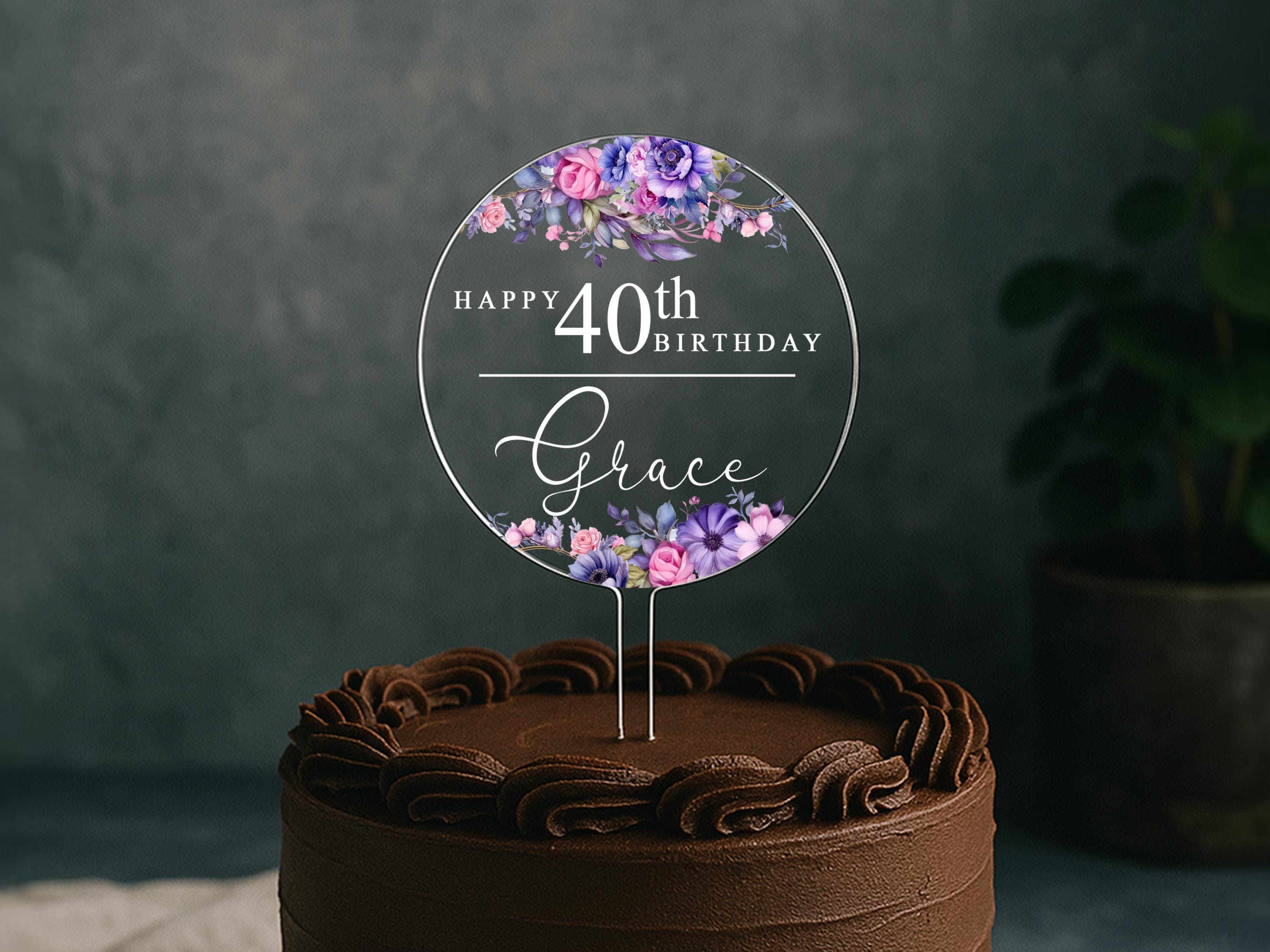Clear Acrylic Cake Topper with Flowers – Suitable for 18th to 90th Birthdays