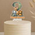 Personalised safari cake topper showing number 2 with elephant, giraffe and lion animals plus custom name James on white birthday cake