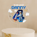 Personalised space birthday cake topper with name, age, and rocket astronaut theme