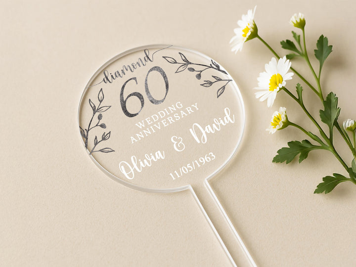 Diamond anniversary cake topper personalized with couple names and wedding date