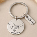 Custom engraved keyring with line art hands and names