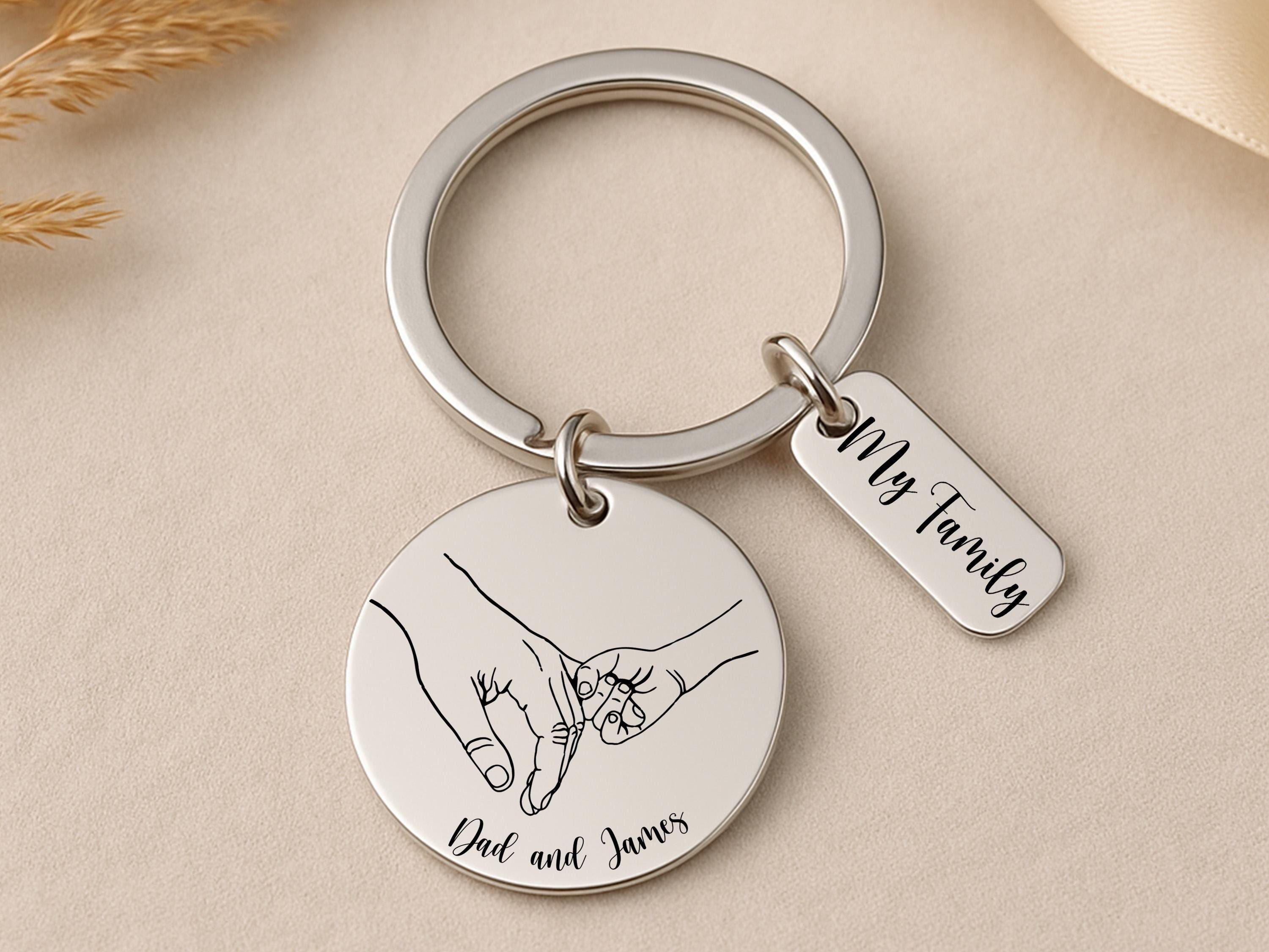Custom engraved keyring with line art hands and names