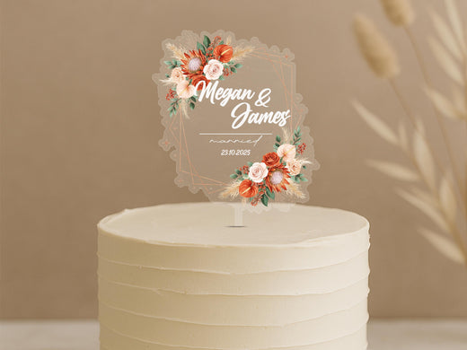 Boho Wedding Cake Topper – Custom Geometric Floral Acrylic Names & Date