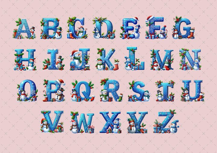 the alphabet letters of the English alphabet, each one decorated with snowmen and various holiday-themed elements, such as presents and stockings.
