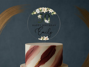 Clear Acrylic Round Topper with Personalised Name – Botanical Birthday Design