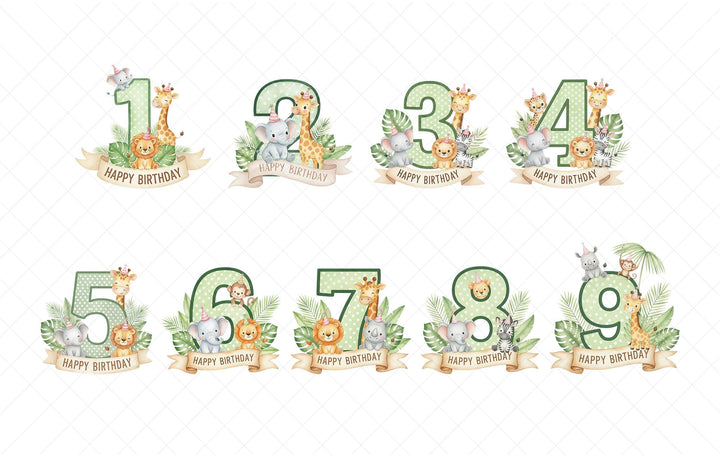 A collection of animal-themed birthday party decorations, including numbers 1 through 9, each with a happy birthday banner and a small animal illustration.