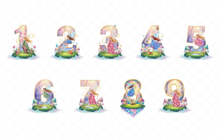 a collection of illustrations representing the numbers 1 through 9, each featuring a different fairy or magical creature. The illustrations are whimsical and colorful, with the numbers and characters set against a background of nature and fantasy elements.