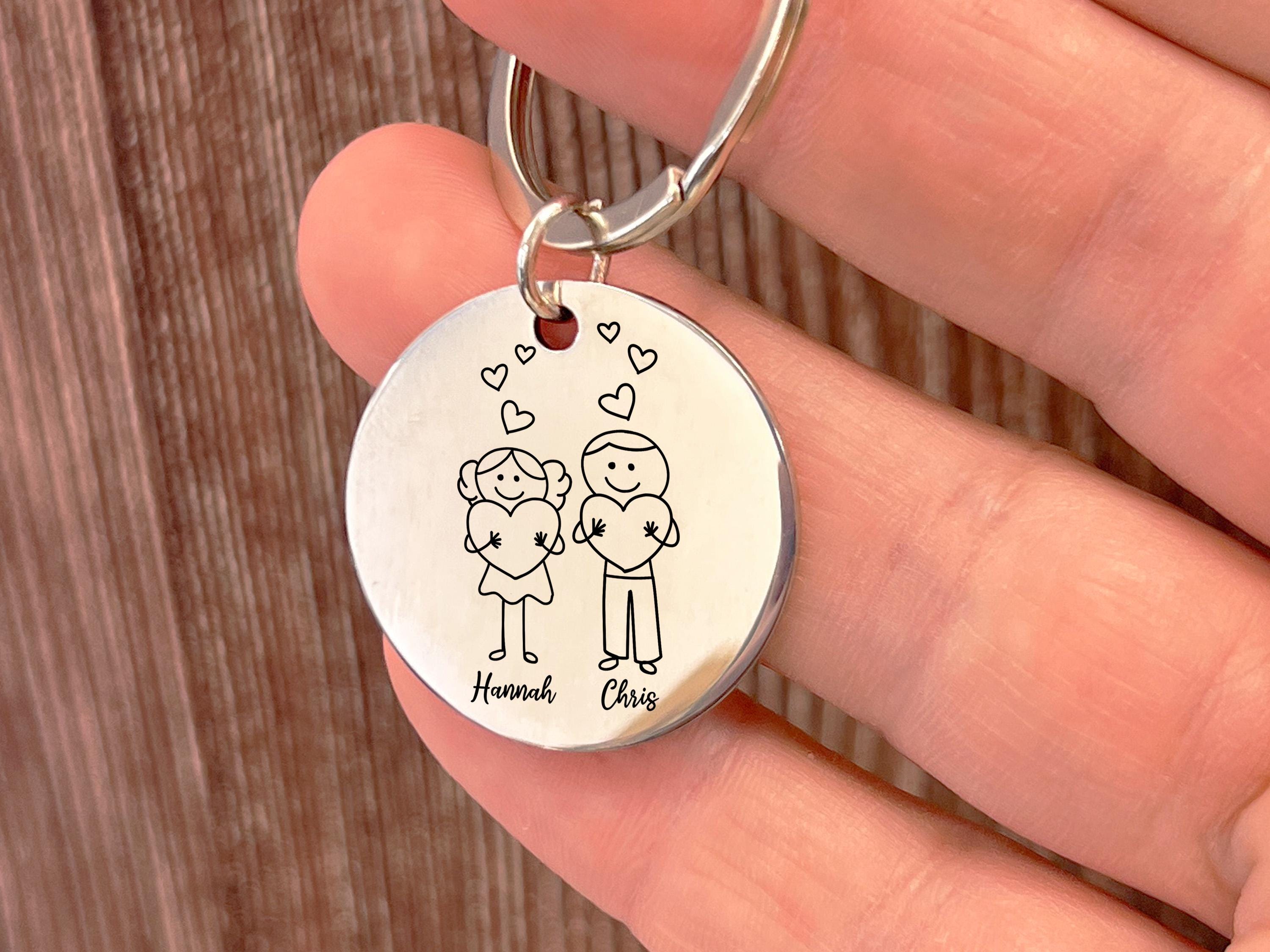 a person holding a keychain with a picture of a man and a woman