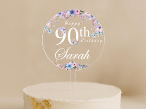 Elegant Round Acrylic Cake Topper for 90th Celebration – any Name and age