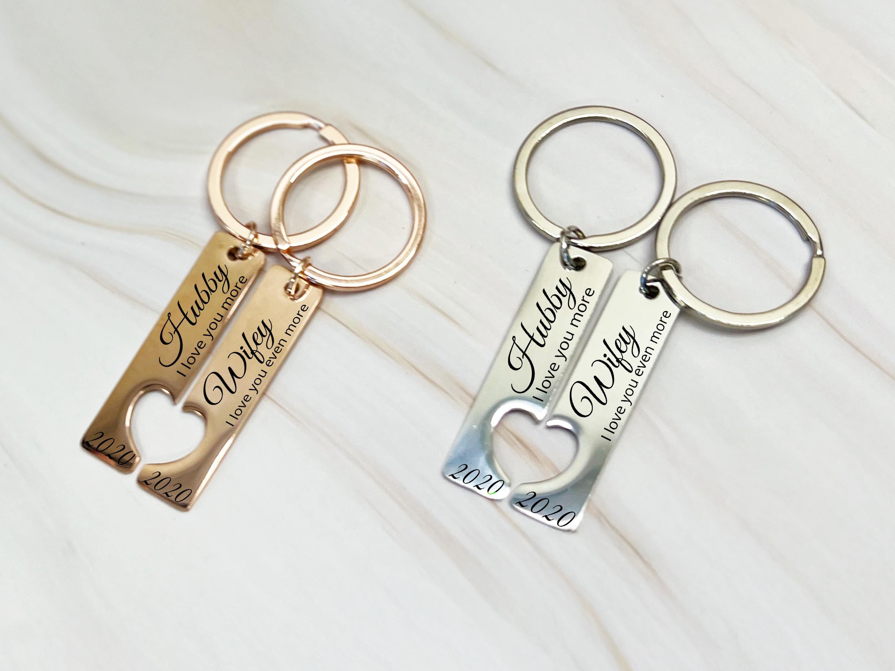 Rose gold matching keychain set for couples, engraved with loving phrases and personalized date, perfect Valentine’s or engagement gift.