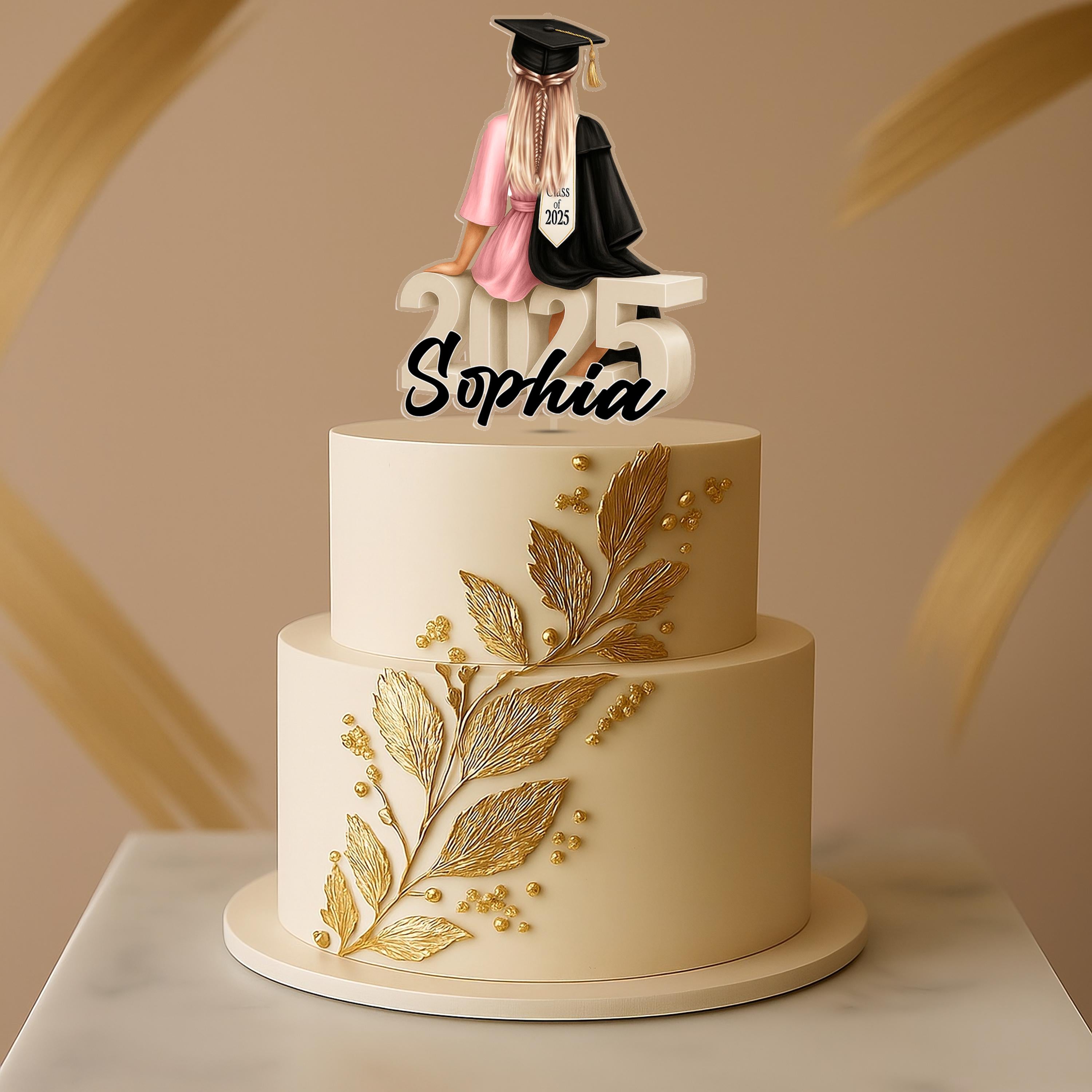 Graduation Cake Topper – Custom Name Female Graduate Sitting on Class of 2025
