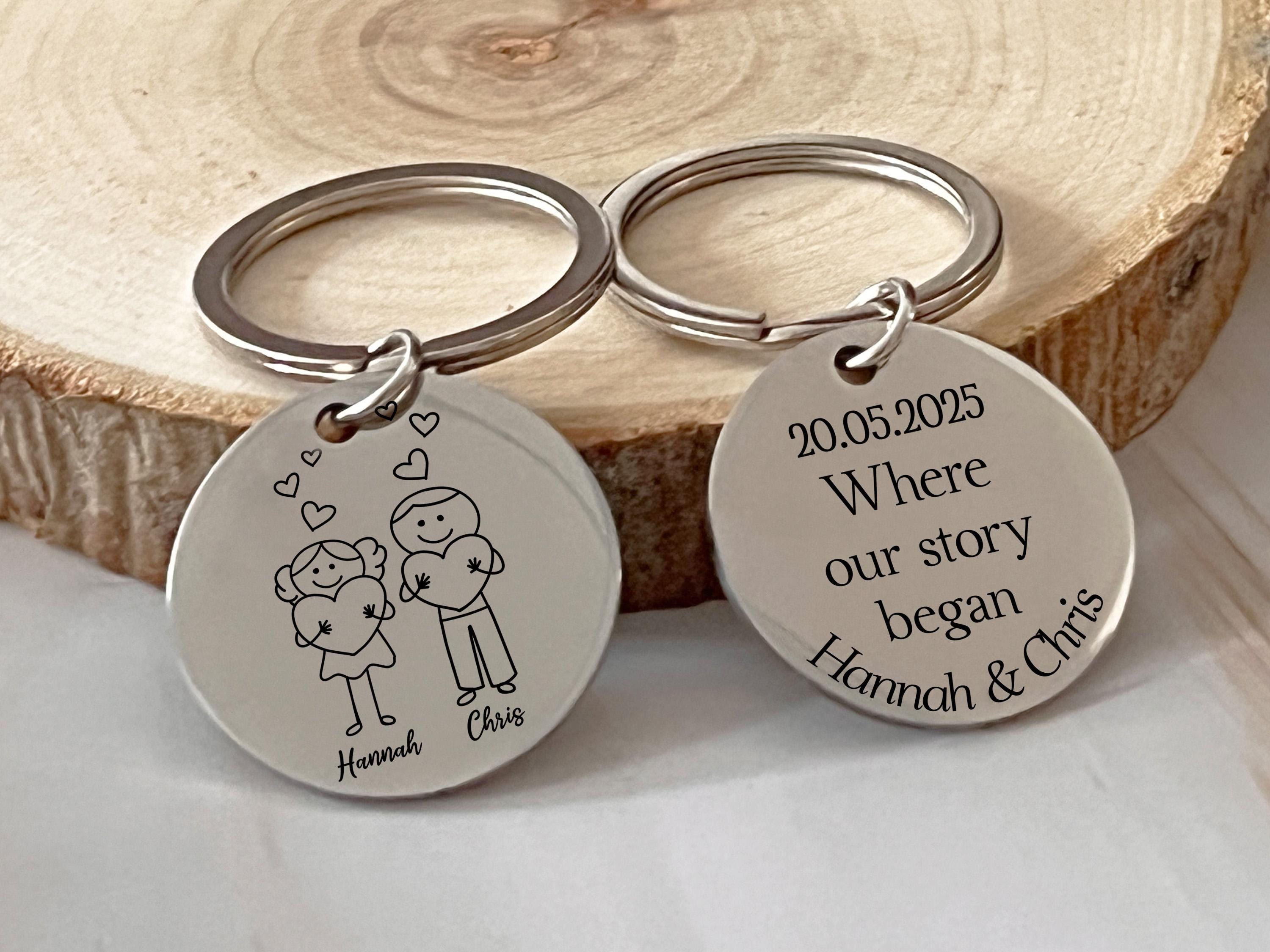 two personalized key chains with a picture of a couple