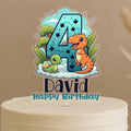 A birthday cake topper featuring a dinosaur and a number 4, with the text "David Happy Birthday" below.
