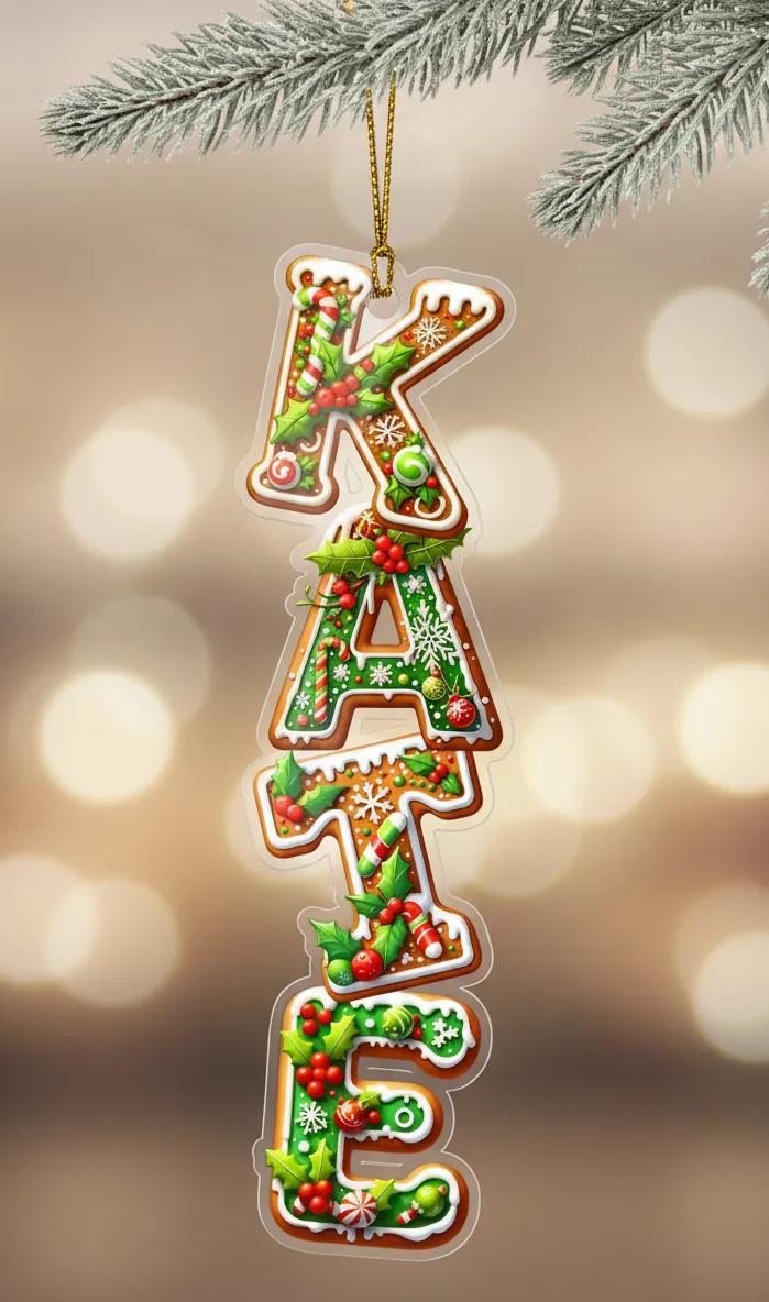 A clear ornament shaped like the name "KATE" made of colorful candy and decorations, hanging from a branch of a Christmas tree.
