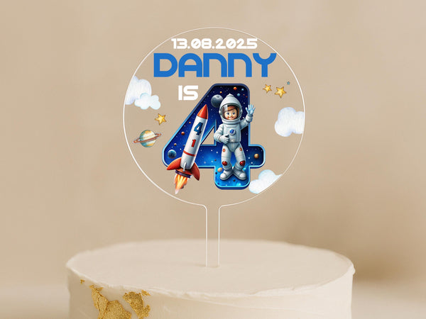 Personalised space birthday cake topper with name, age, and rocket astronaut theme