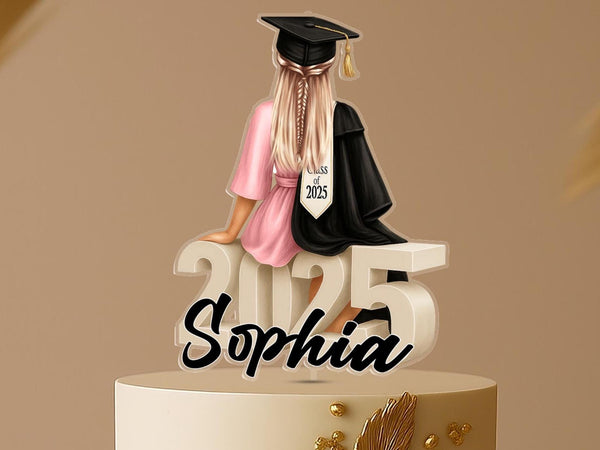 Graduation Cake Topper – Custom Name Female Graduate Sitting on Class of 2025