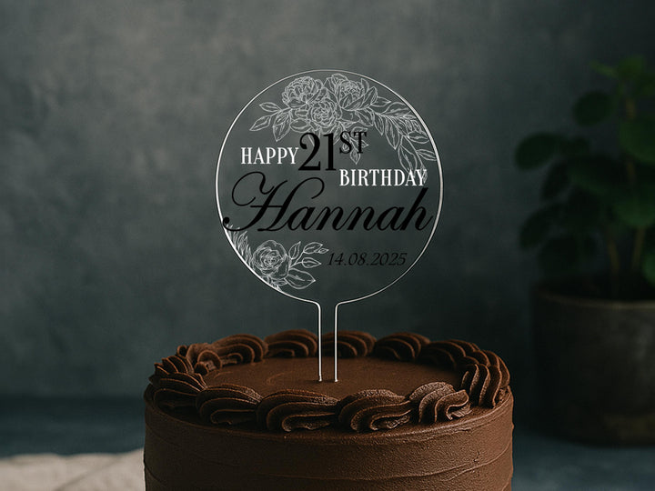 Custom birthday topper with date and name on clear acrylic