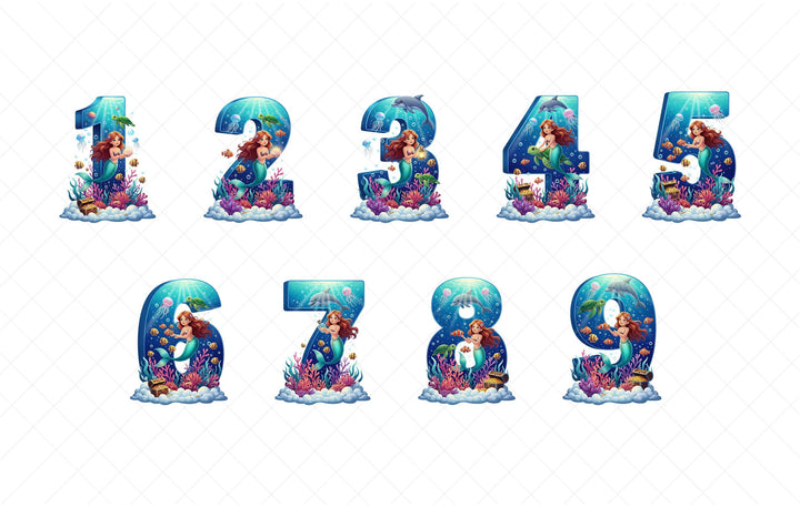 A collection of numbers, each represented by a mermaid character, set against a backdrop of underwater elements such as coral, seaweed, and fish.